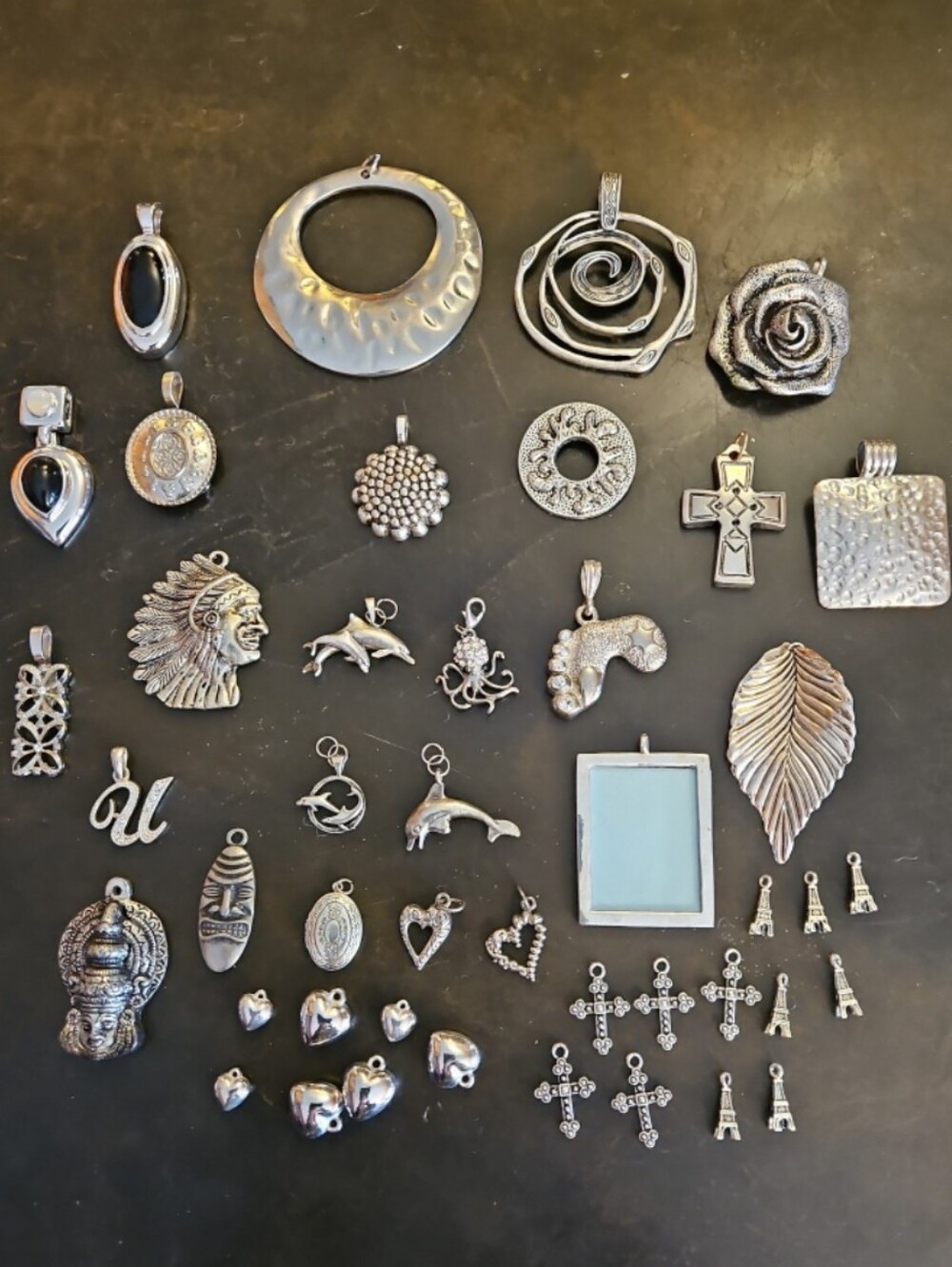 Mixed Silver-Tone Pendant Charms - Leaf, Crosses, Hearts, Dolphins